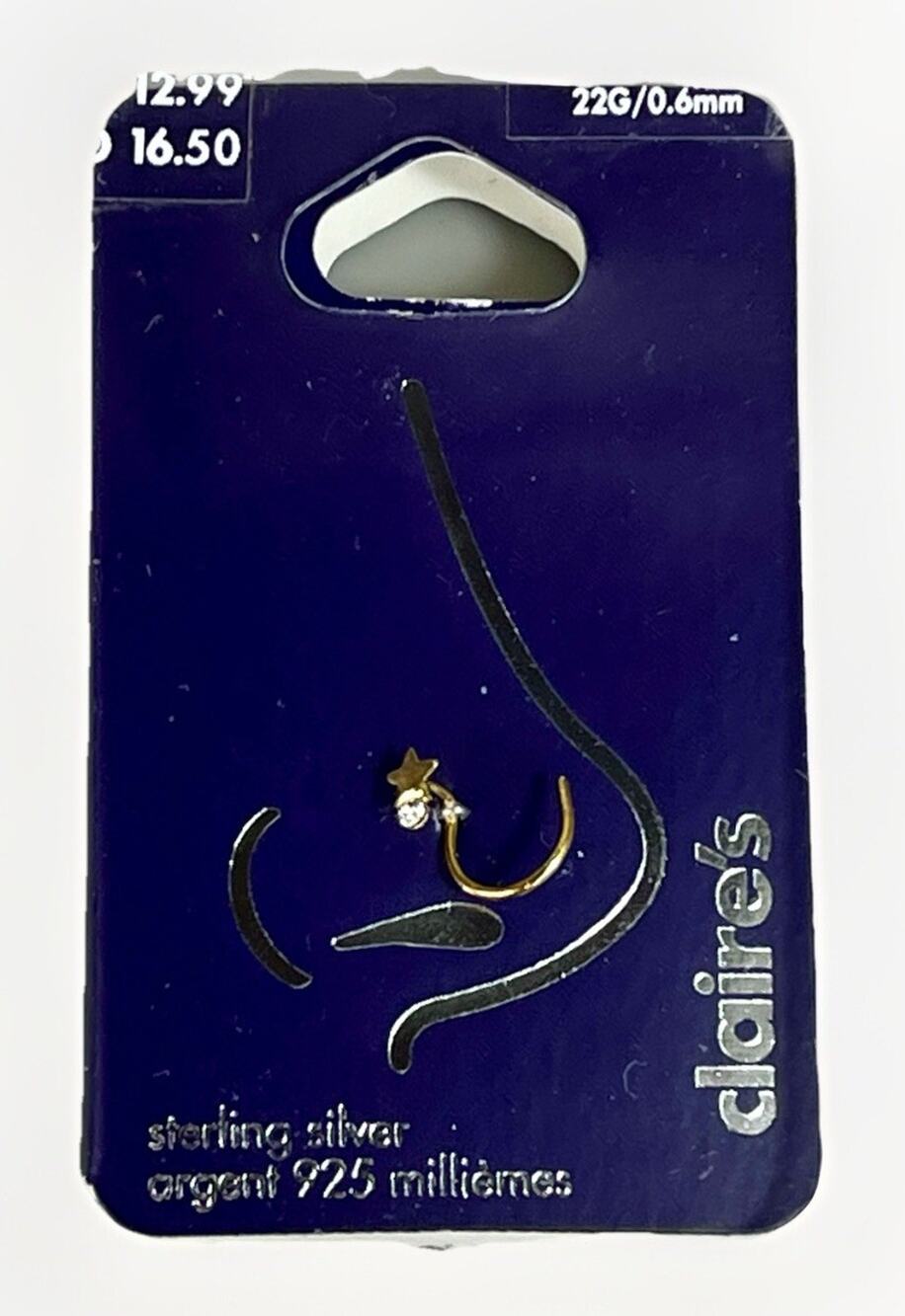 Sterling Silver Gold Shooting Star & Gem Accent Open Hoop 22G .6mm Nose Ring NIP